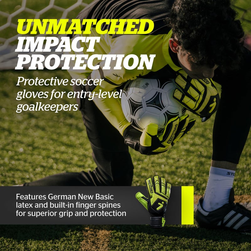 Storelli Gladiator Recruit 3.0 Goalkeeper Gloves, Entry-Level Soccer Goalie Gloves with 4 Built-in Finger Spines, High-Impact Hand Protection, 1 Pair, Black & Yellow, Size 7 - Image 2
